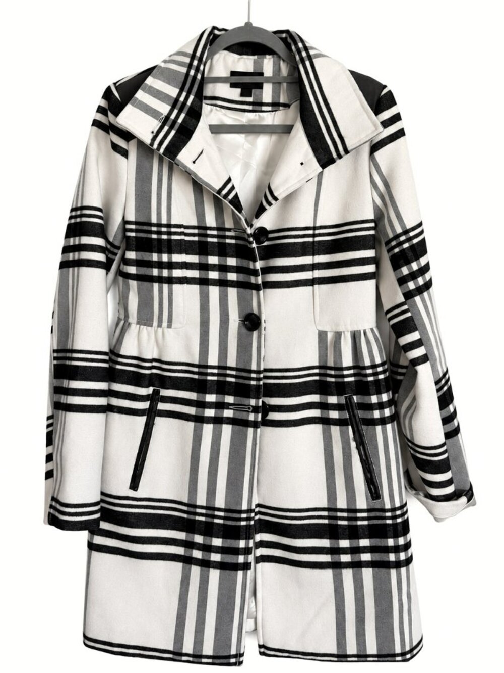 IZ Byer Black White Plaid Button Front Coat Size S